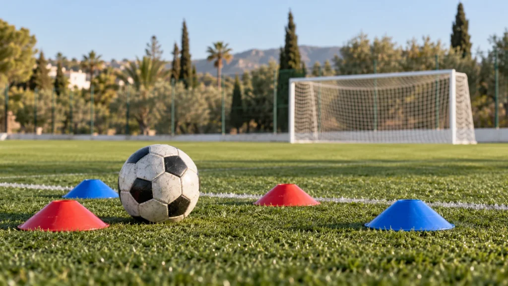 Imagen ilustrativa de un balón y conos en un campo de entrenamiento