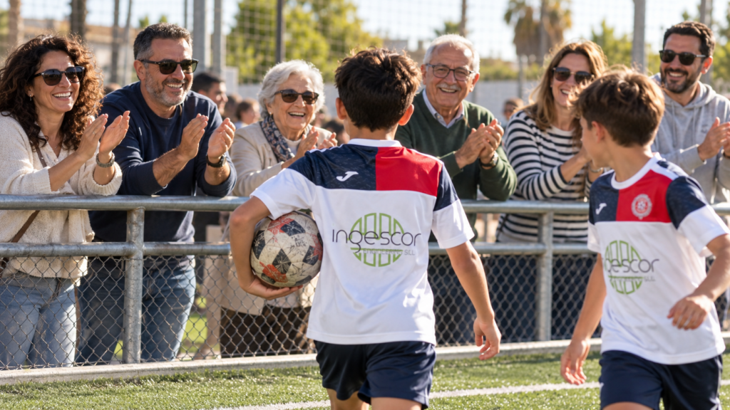 Escena ilustrativa de familias animando a jugadores con la equipación de CD Fuentes